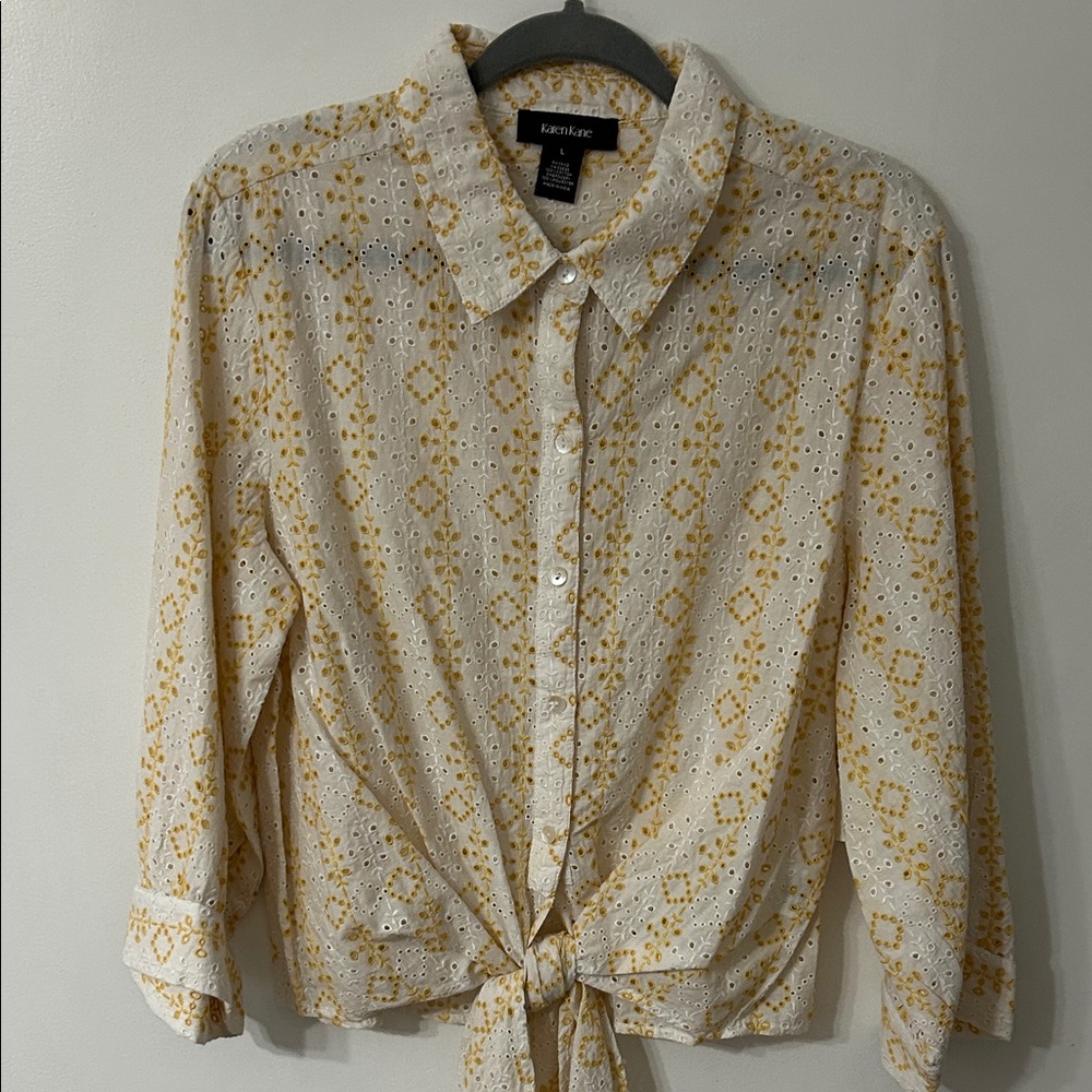 Karen Kane Tie Front Blouse Women’s L Tropic Sun Eyelet Bell Sleeves Spring NWT - Picture 15 of 15